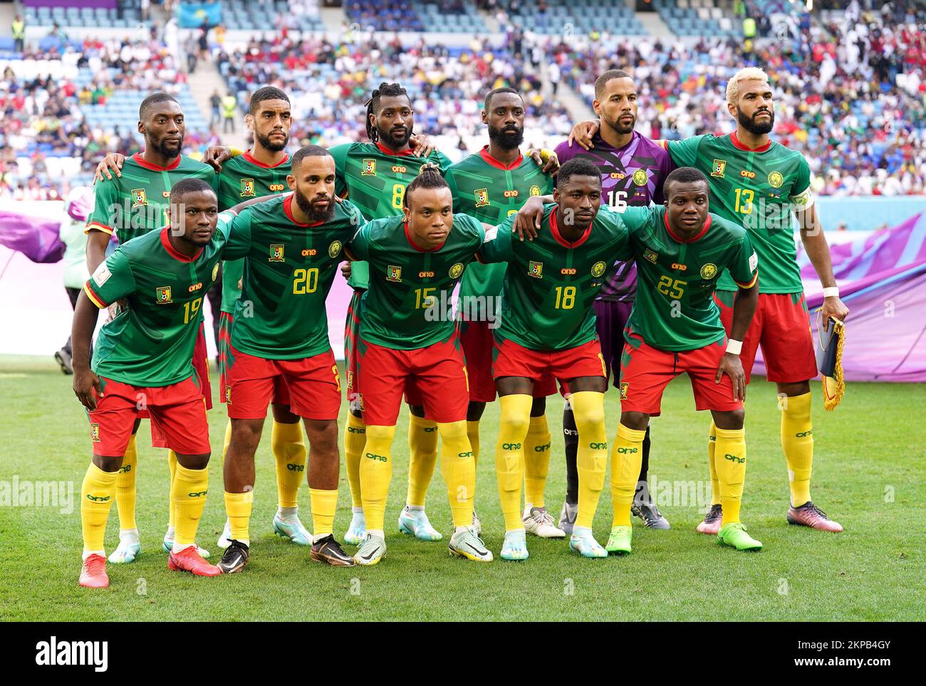 Cameroon starting line up - goalkeeper Devis Epassy, Nicolas Nkoulou, Collins Fai, Jean-Charles Castelletto, Tolo Nouhou, Andre-Frank Zambo Anguissa, Pierre Kunde, Martin Hongla, Karl Toko Ekambi, Eric Maxim Choupo-Moting and Bryan Mbeumo during the FIFA World Cup Group G match at the Al Janoub Stadium in Al Wakrah, Qatar. Picture date: Monday November 28, 2022. Stock Photo