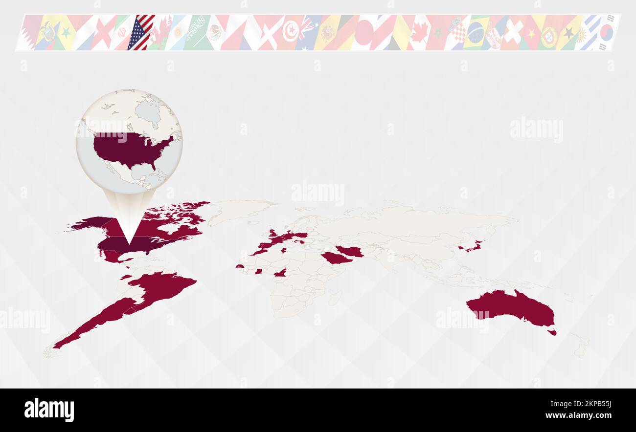 Enlarge the map of USA selected on the perspective world map, Infographics about the participants in soccer tournament. Vector illustration. Stock Vector