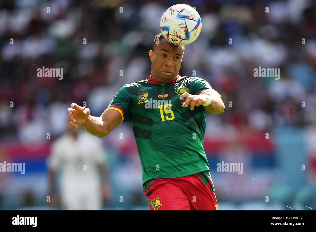 Pierre Kunde of Cameroon during the FIFA World Cup Qatar 2022 match, Group G, between Cameroon and Serbia played at Al Janoub Stadium on Nov 28, 2022 in Al Wakrah, Qatar. (Photo by Bagu Blanco / PRESSIN) Stock Photo