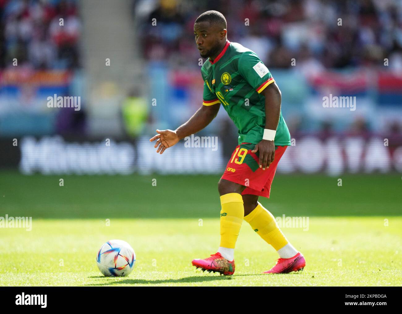 Collins Fai of Cameroon during the FIFA World Cup Qatar 2022 match, Group G, between Cameroon and Serbia played at Al Janoub Stadium on Nov 28, 2022 in Al Wakrah, Qatar. (Photo by Bagu Blanco / PRESSIN) Stock Photo