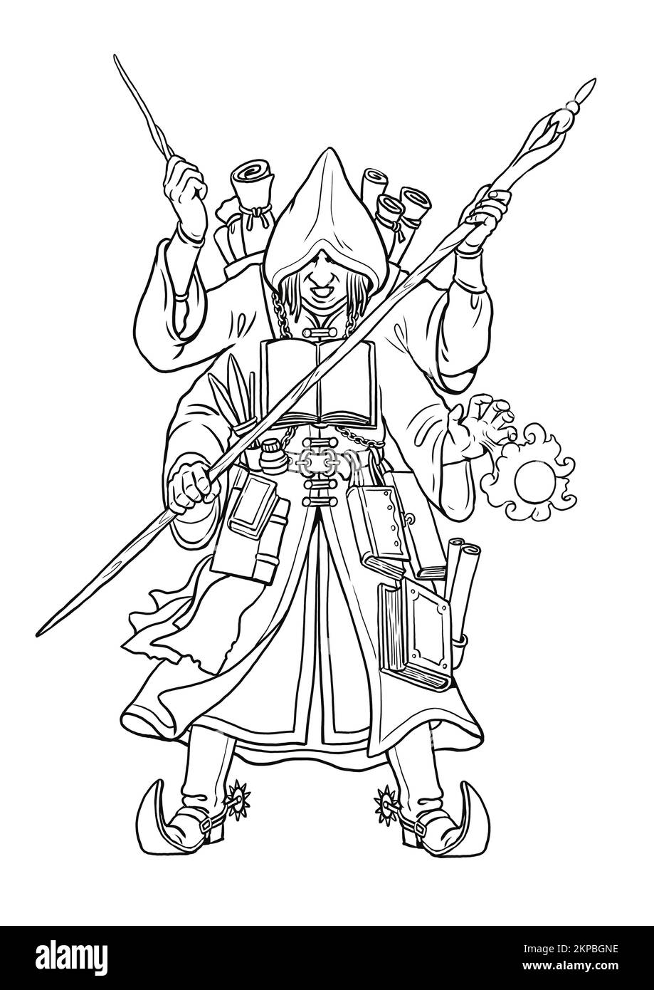 Wizard with four arms. Coloring page with the magician. Coloring template with wizard. Stock Photo
