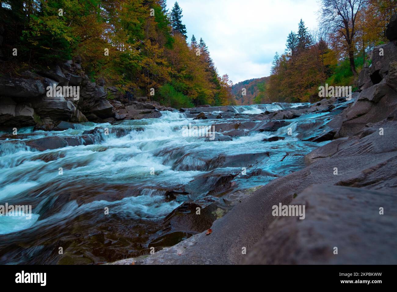 Yaremche waterfall, Prut mountain river in the Carpathians. Ukraine Stock Photo