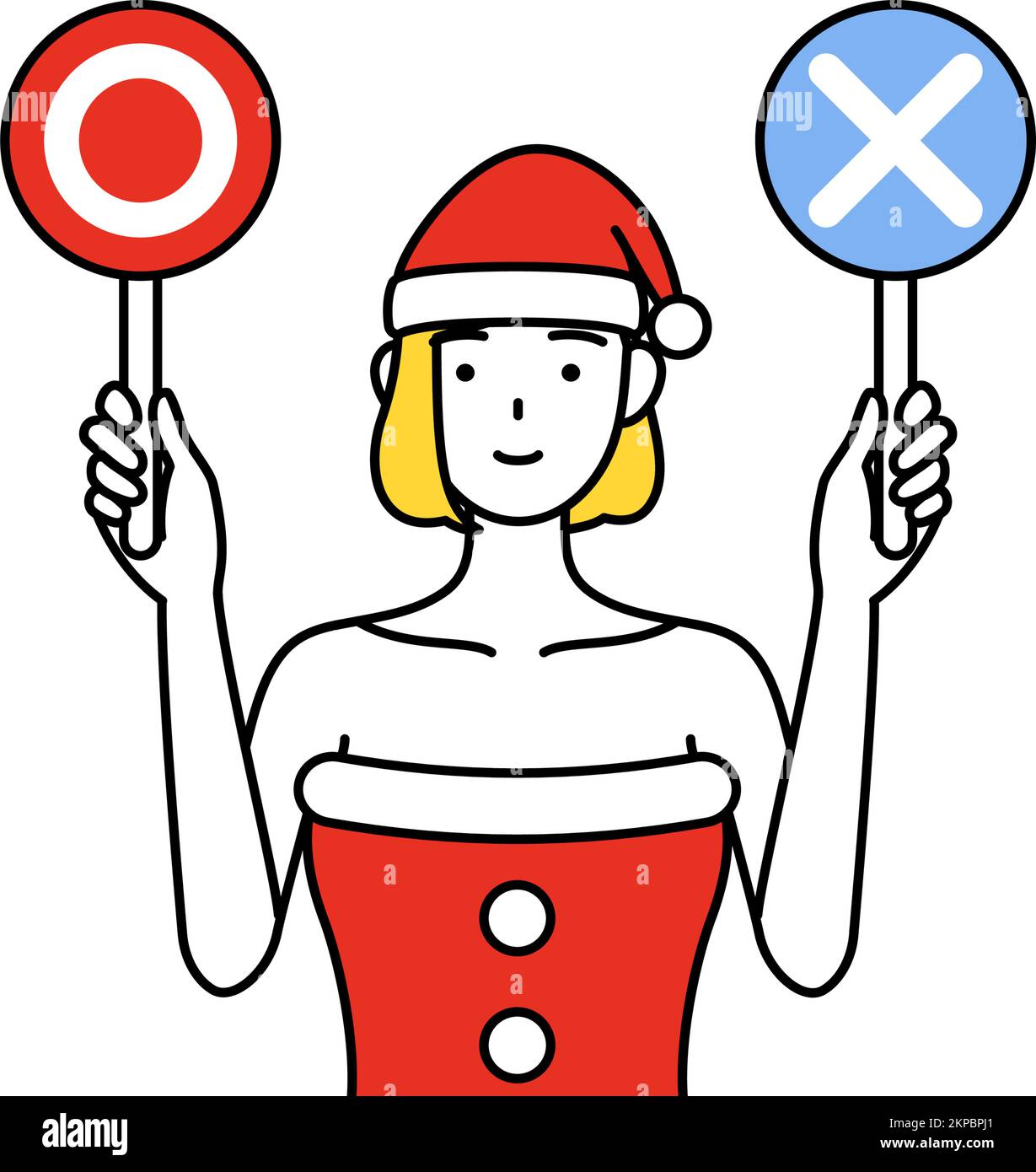 Simple line drawing illustration of a woman dressed as Santa Claus holding a stick indicating correct and incorrect answers. Stock Vector