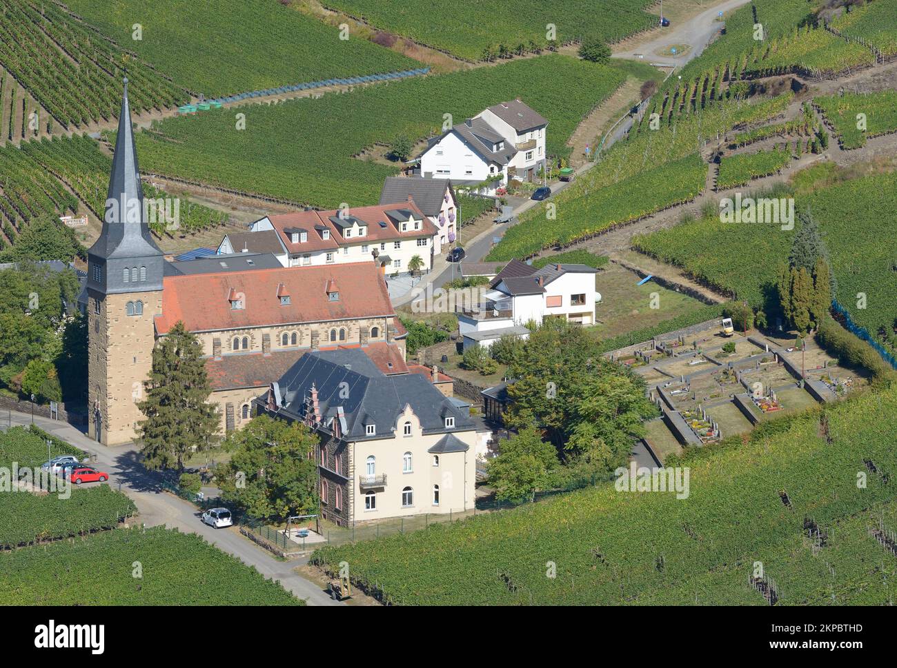 Vineyard Landscape in Ahrtal with Sankt Nikolaus und Rochus Church  before the flood 2021,Mayschoss, ,Rhineland-Palatinate,Germany Stock Photo