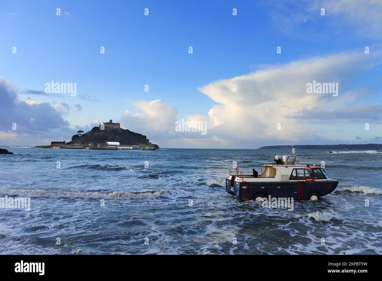 The amphibious ferry at St. Michael's Mount at high tide John Gollop