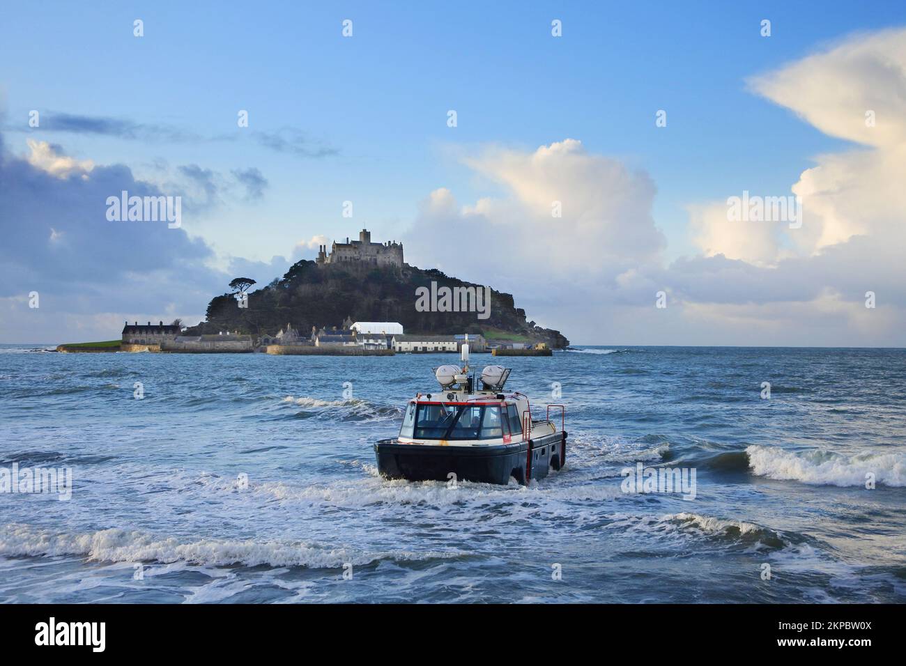 The amphibious ferry at St. Michael's Mount at high tide John Gollop