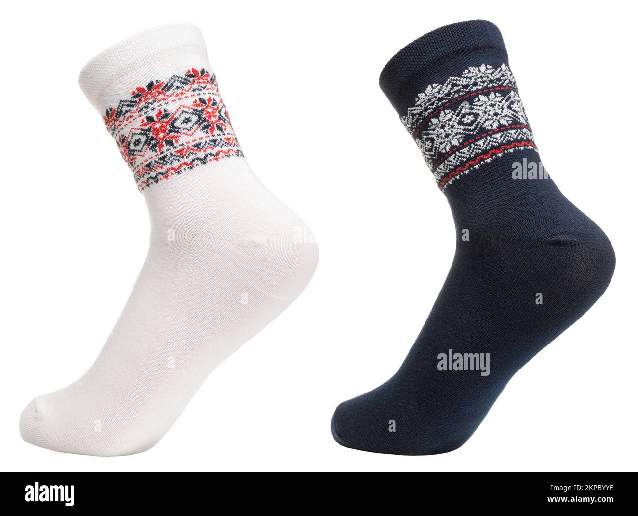 Long white and blue cotton nordic style socks with geometric ornament on foot mannequin isolated on a white background Stock Photo