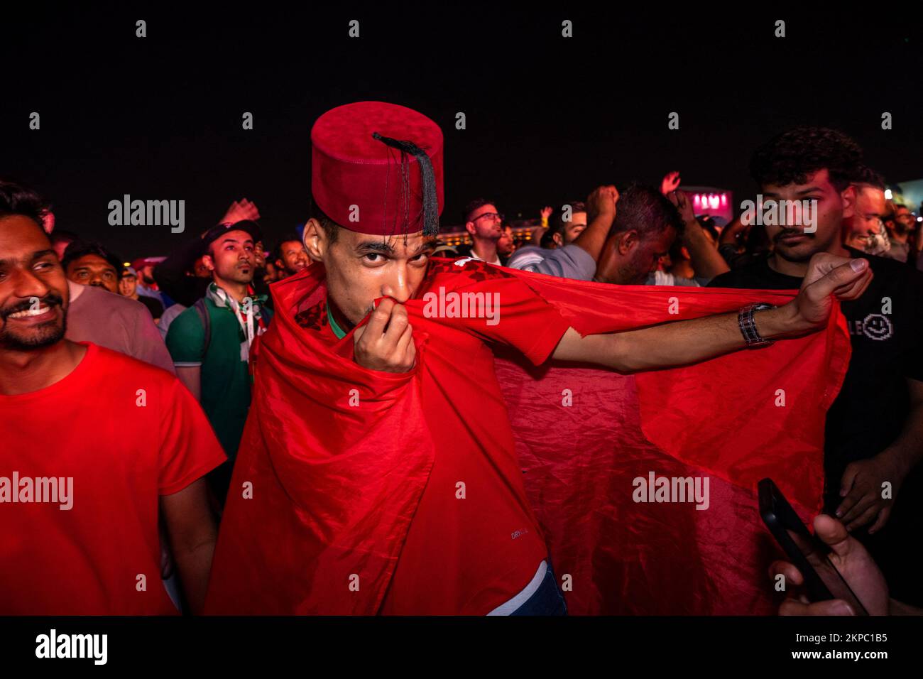 Fans of different teams celebrate and dance together, drinking Budweiser beer, or being Moslem conservative veiled, at the FIFA Fan Festival zone, on the 8th day of the FIFA World Cup Qatar 2022, in Doha, Qatar on November 27, 2022. Photo by Ammar Abd Rabbo/ABACAPRESS.COM Stock Photo