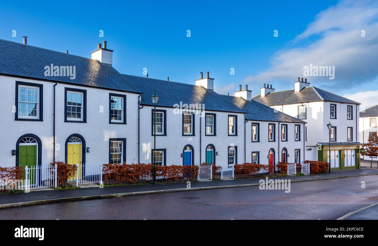 Tornagrain Inverness Scotland a planned village looking down Croy Road houses with coloured doors Stock Photo