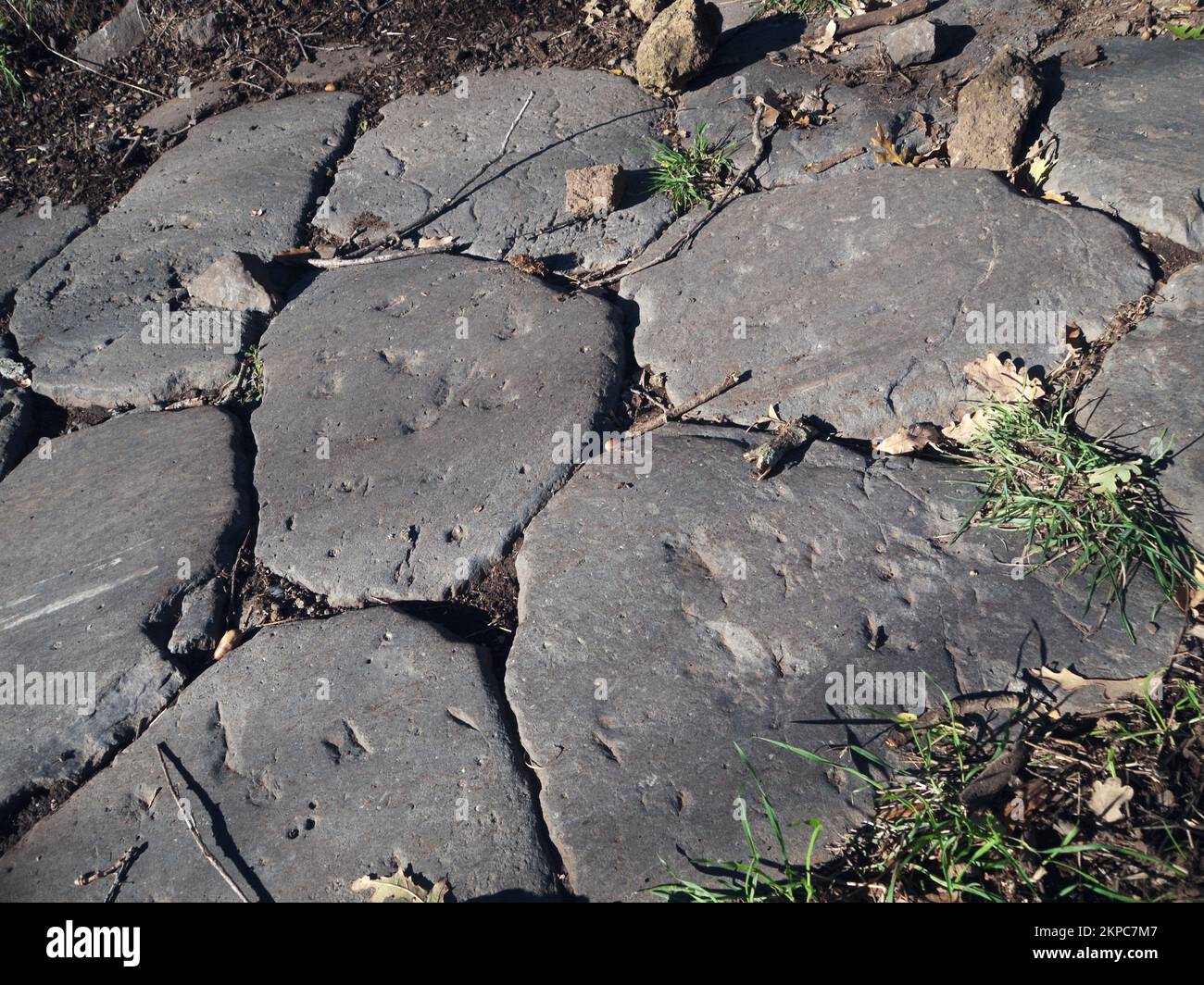 Ancient Roman age basalt stone slabs paved road Stock Photo