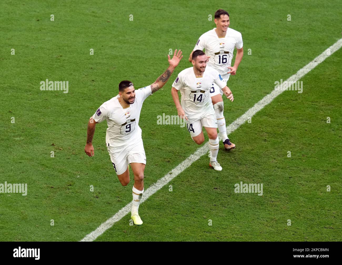 Serbia’s Aleksandar Mitrovic celebrates scoring their side's third goal of the game during the FIFA World Cup Group G match at the Al Janoub Stadium in Al Wakrah, Qatar. Picture date: Monday November 28, 2022. Stock Photo