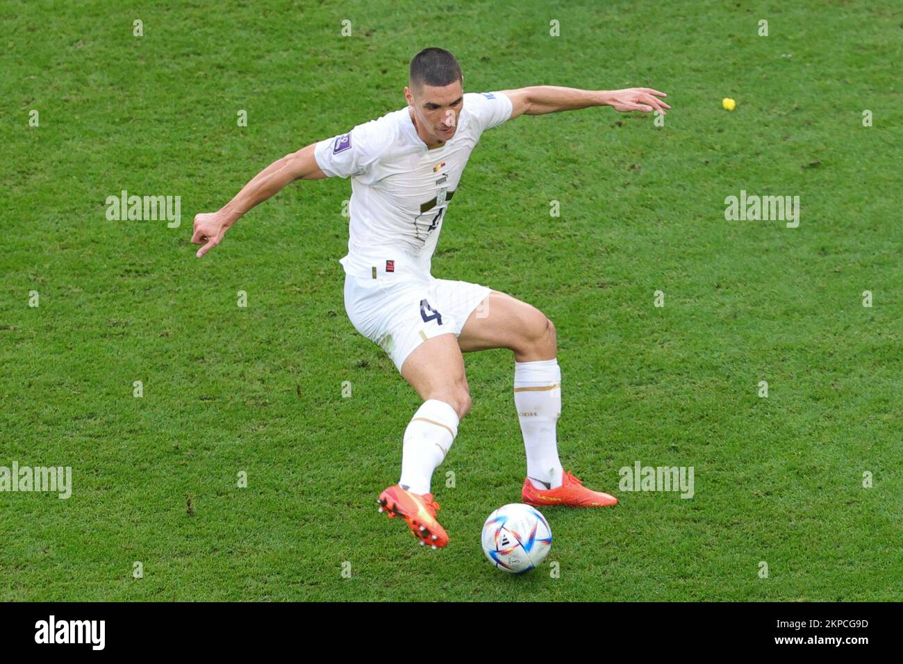 Al Wakrah, Qatar. 28th Nov, 2022. Nikola Milenkovic of Serbia crosses the ball during the FIFA World Cup Qatar 2022 Group G match between Cameroon and Serbia at Al Janoub Stadium, Al Wakrah, Qatar on 28 November 2022. Photo by Peter Dovgan. Editorial use only, license required for commercial use. No use in betting, games or a single club/league/player publications. Credit: UK Sports Pics Ltd/Alamy Live News Stock Photo