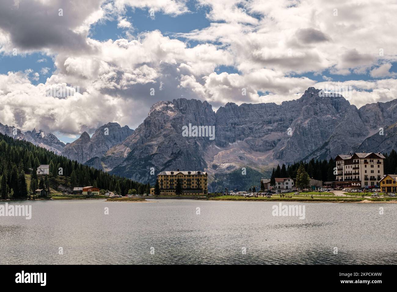 Great panoramic view at the Misurina lake near Cortina D'Ampezzo in the Dolomites mountains, South Tyrol, Italy Stock Photo