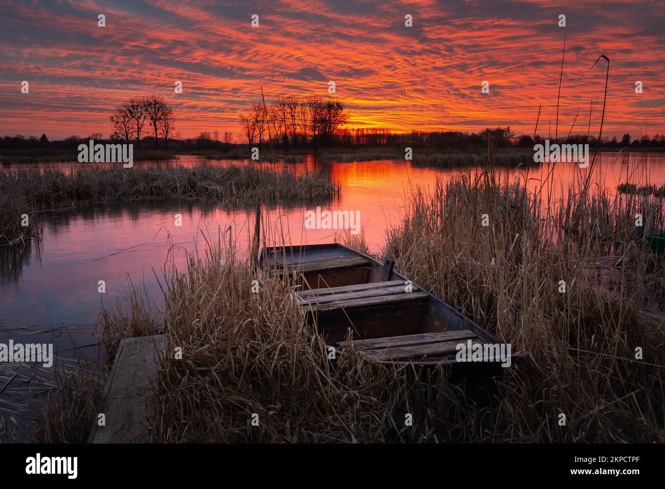 An old boat in the reeds on the lake shore and a beautiful sunset, Stankow, Poland Stock Photo