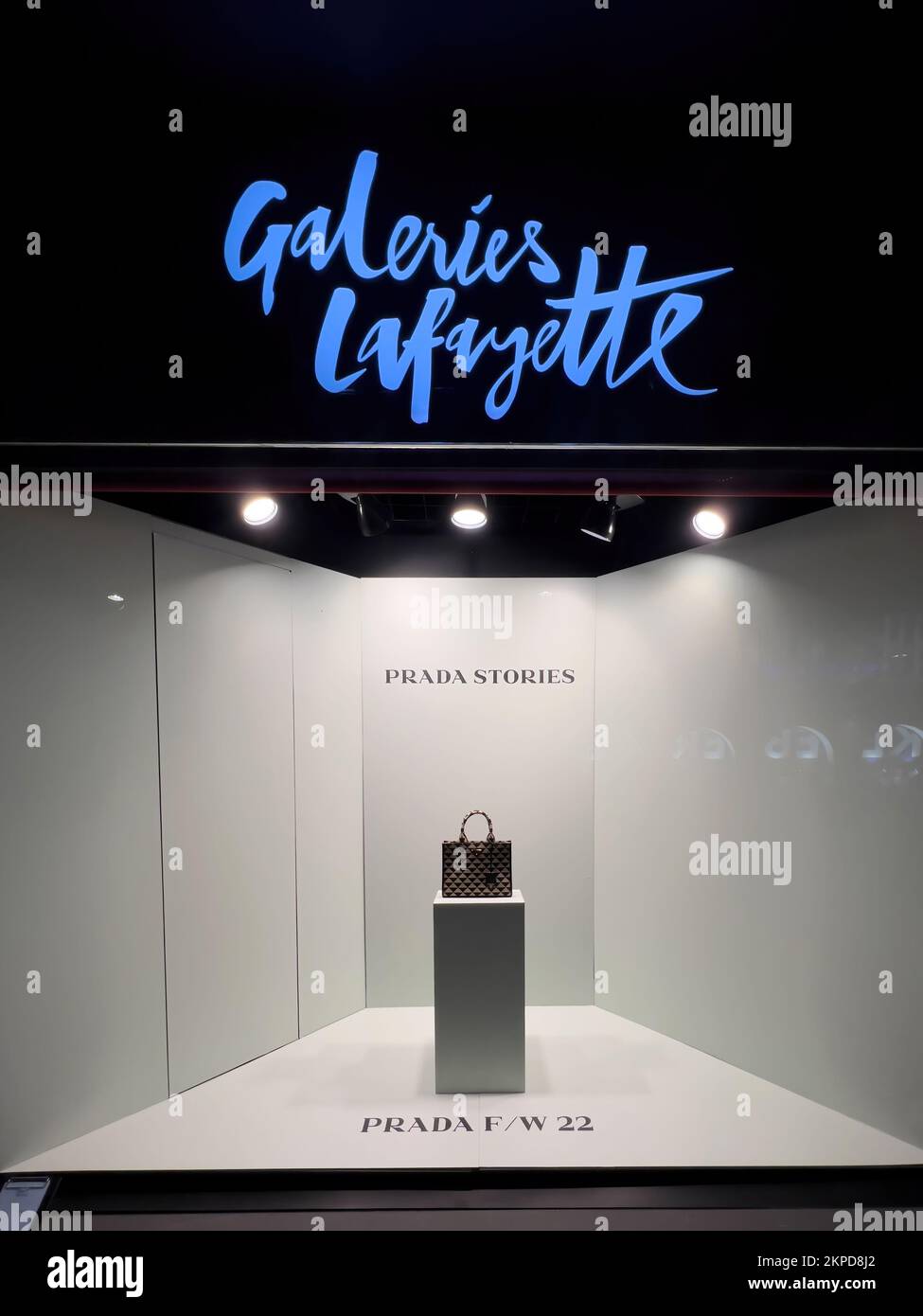 Strasbourg, France - nov 11, 2022: Large showcase window of Galeries Lafayette with Prada leather women bag Stock Photo