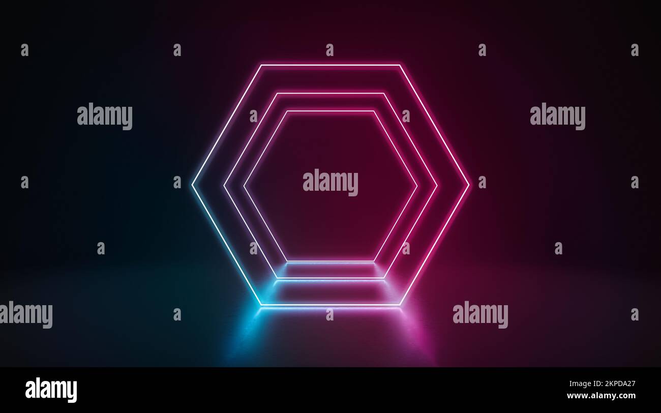 Colored neon glowing pentagon frame stand in darkness, 3d rendering