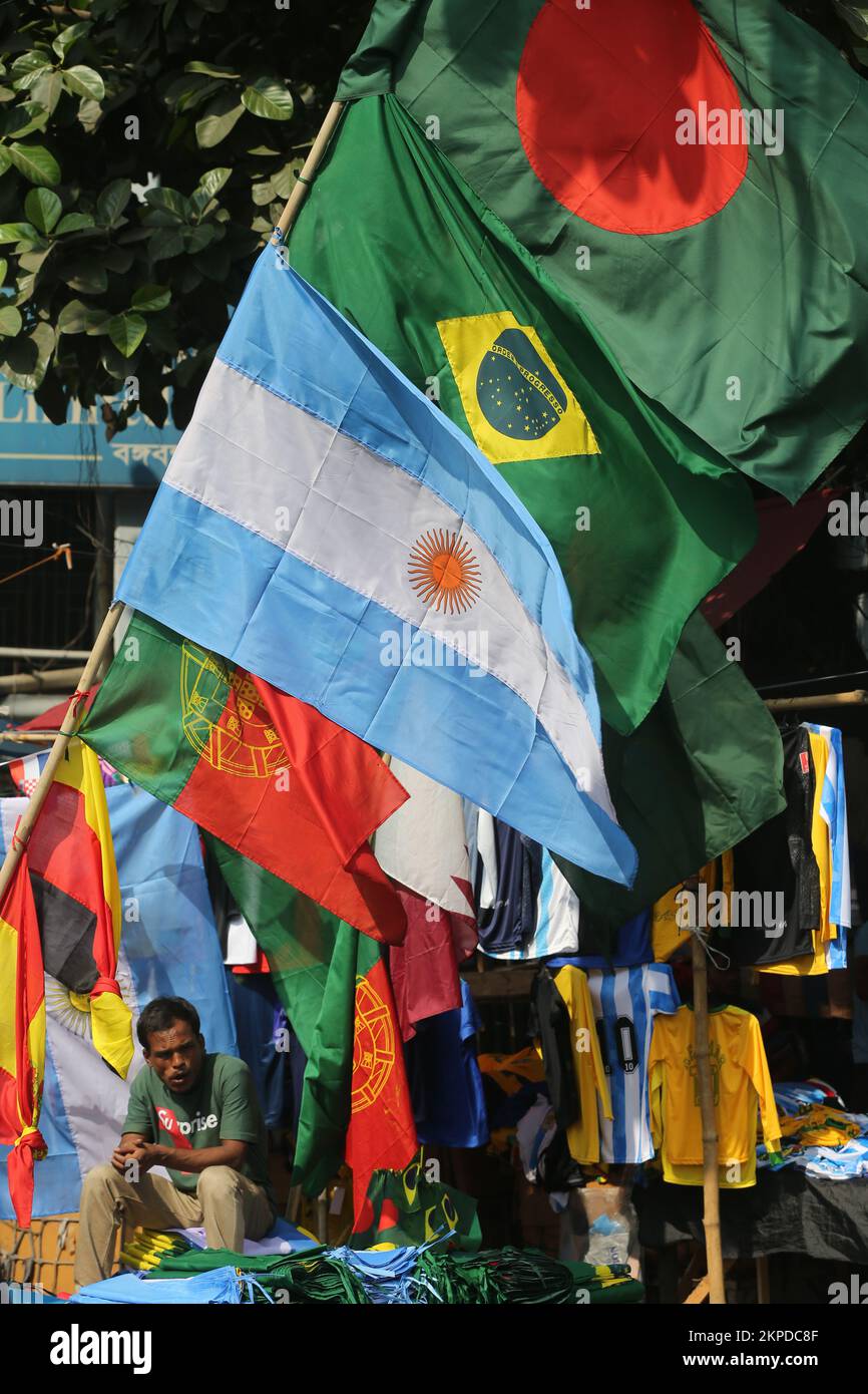 The shops in capital’s Gulistan have decked up with jerseys and flags of the participating nations, dominated by those of Argentina and Brazil, and ac Stock Photo