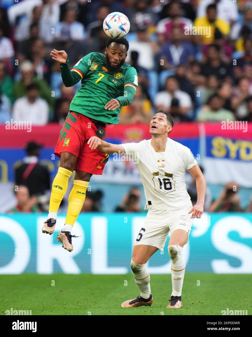 Al Wakrah, Qatar. 28th Nov, 2022. Georges-Kevin Nkoudou of Cameroon and Sasa Lukic of Serbia during the FIFA World Cup Qatar 2022 match, Group G, between Cameroon and Serbia played at Al Janoub Stadium on Nov 28, 2022 in Al Wakrah, Qatar. (Photo by Bagu Blanco/PRESSIN) Credit: PRESSINPHOTO SPORTS AGENCY/Alamy Live News Stock Photo