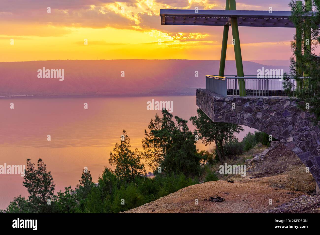 Sunrise view of the Sea of Galilee, with an observation deck, viewed from the west, northern Israel Stock Photo