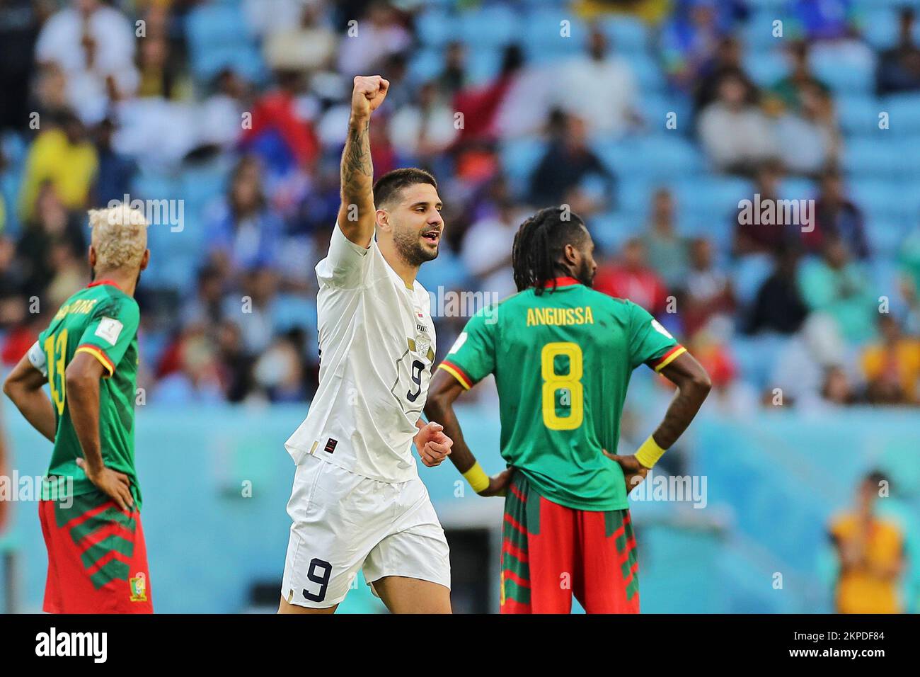 Doha, Qatar. 28th Nov, 2022. Aleksandar Mitrovic of Serbia, celebrates his goal during the match between Cameroon and Serbia, for the 2nd round of Group G of the FIFA World Cup Qatar 2022, Al Janoub Stadium this Monday 28. 30761 (Heuler Andrey/SPP) Credit: SPP Sport Press Photo. /Alamy Live News Stock Photo