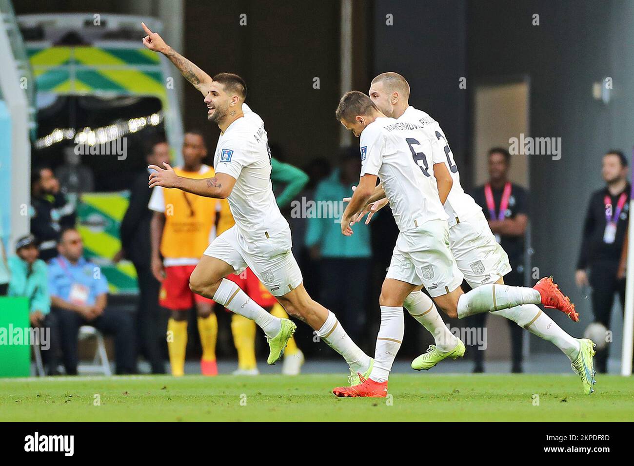 Doha, Qatar. 28th Nov, 2022. Aleksandar Mitrovic of Serbia, celebrates his goal during the match between Cameroon and Serbia, for the 2nd round of Group G of the FIFA World Cup Qatar 2022, Al Janoub Stadium this Monday 28. 30761 (Heuler Andrey/SPP) Credit: SPP Sport Press Photo. /Alamy Live News Stock Photo