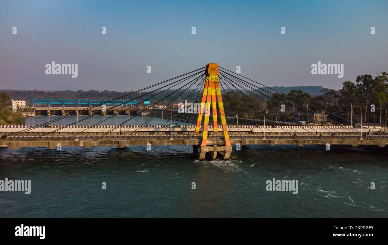 A beautiful view of the Cable Bridge over Ganges river in the evening in Haridwar, Uttarakhand, India Stock Photo