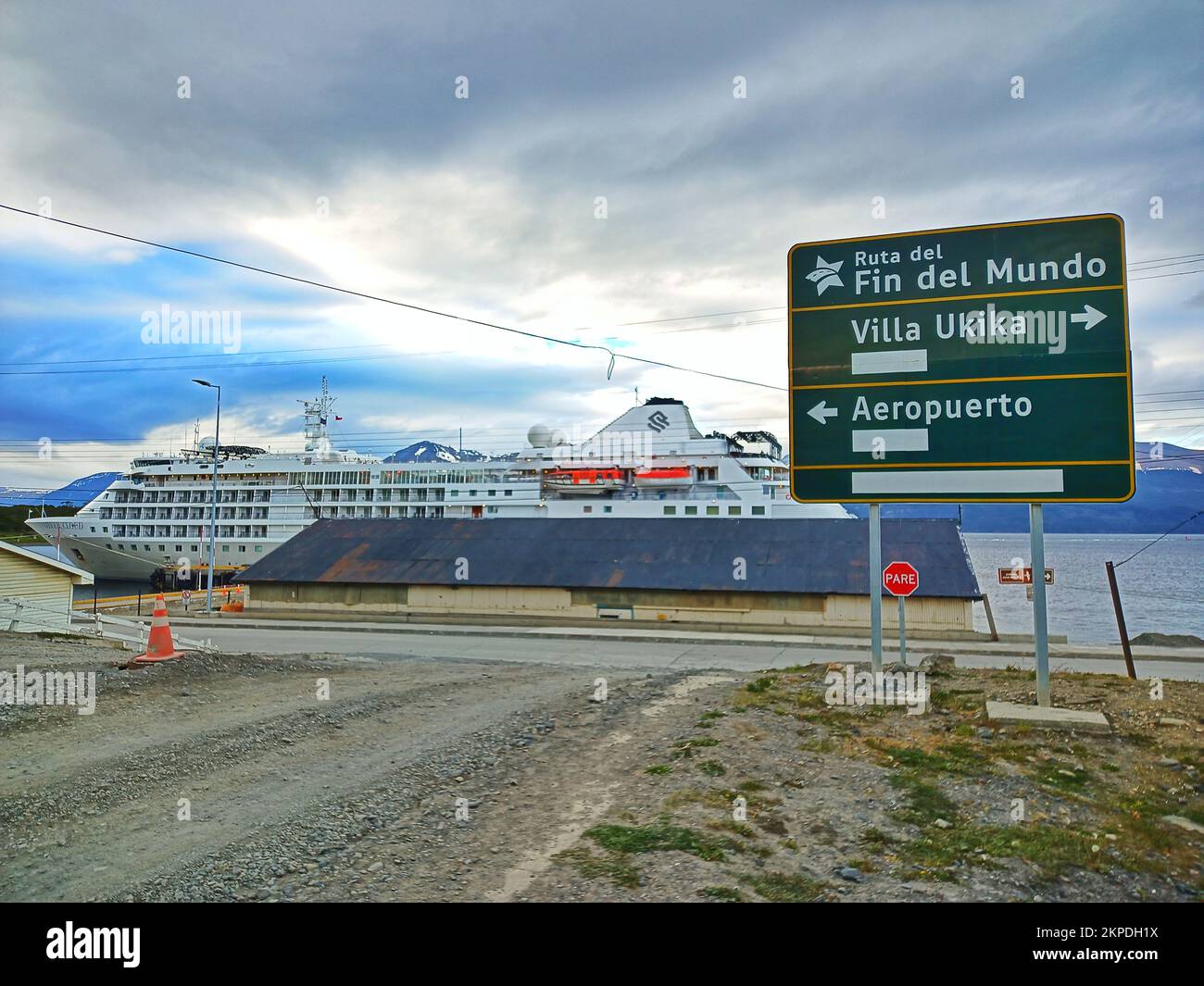 cruise ship termina and sign board in puerto williams ,world southern