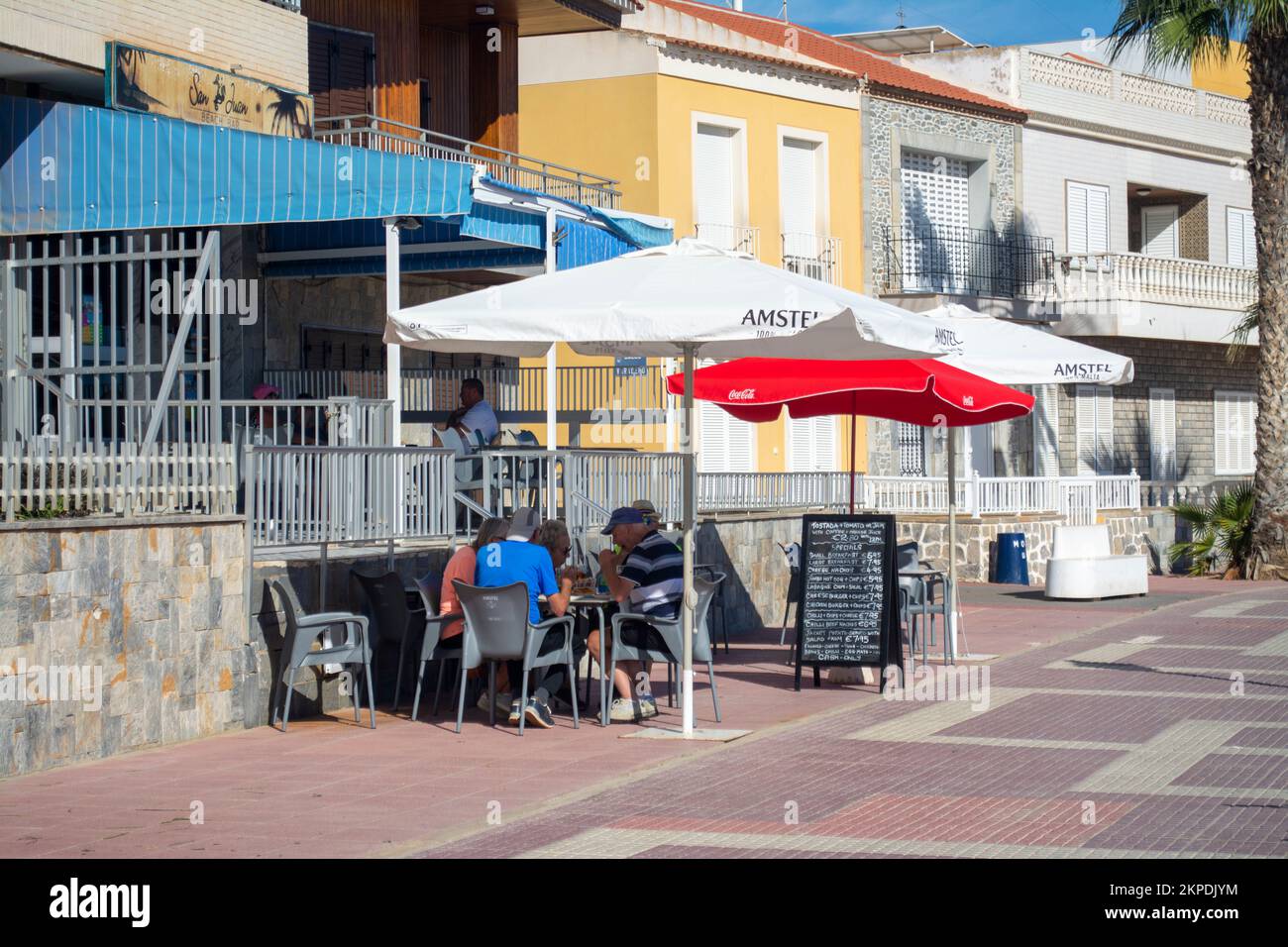 Bar on the promenarde in the Spanish costal town of Los Alcazares. Stock Photo