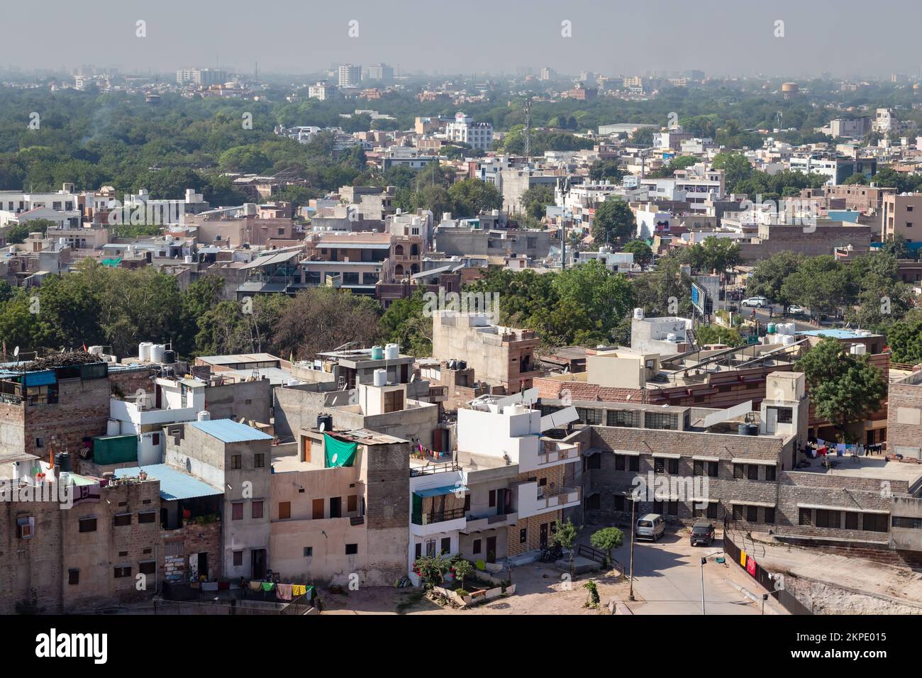 cityscape view of crowded town at morning from flat angle with flat sky Stock Photo