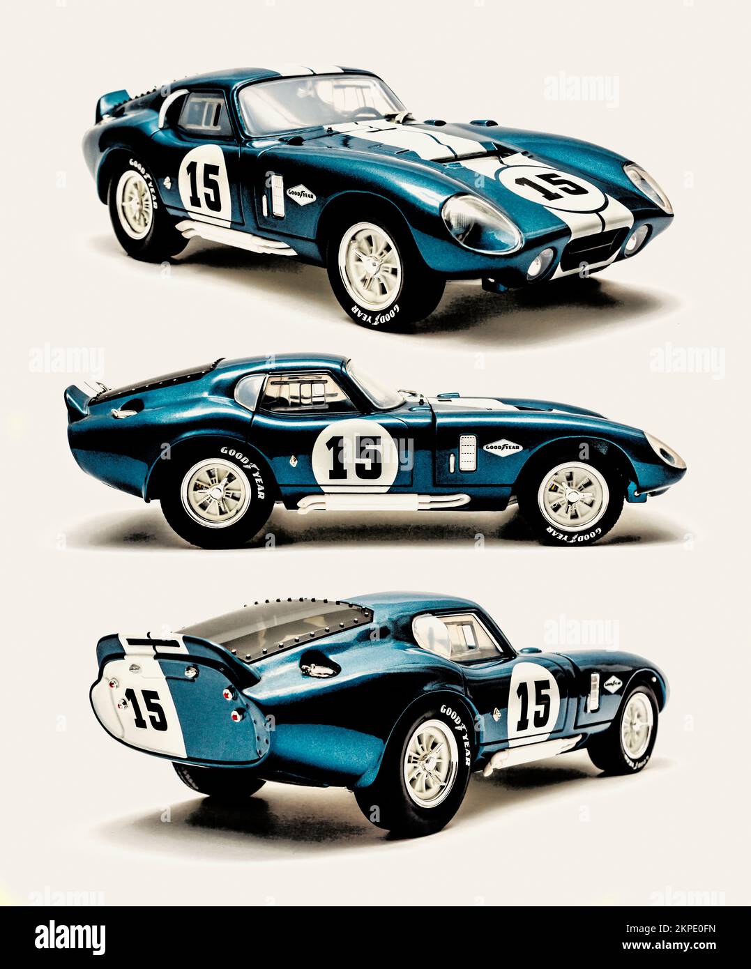 Fine auto art in a triptych of three Shelby Cobra Daytona cars in sleek