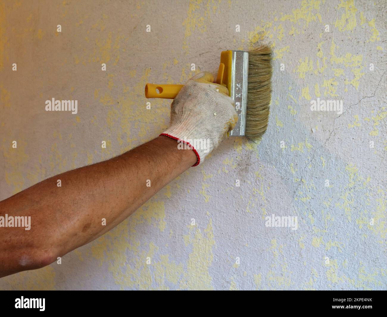 priming the wall with a paint brush as a preparation of the surface for
