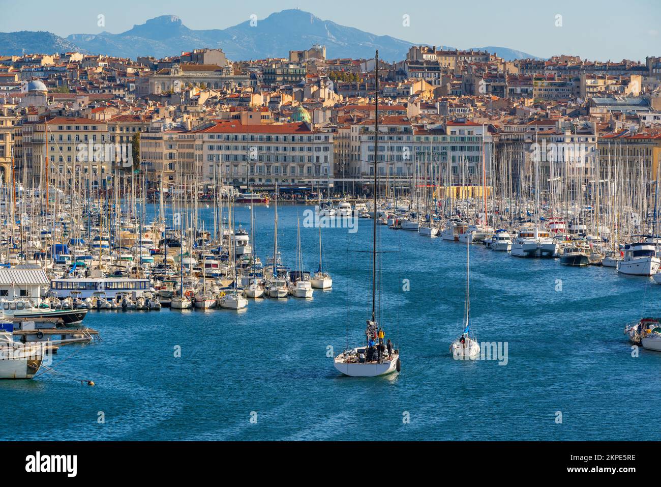 The harbor of Marseille with view of the old Mediterranean sea port and buildings of the 1st arrondissement. Bouches-du-Rhone, PACA Region, France Stock Photo