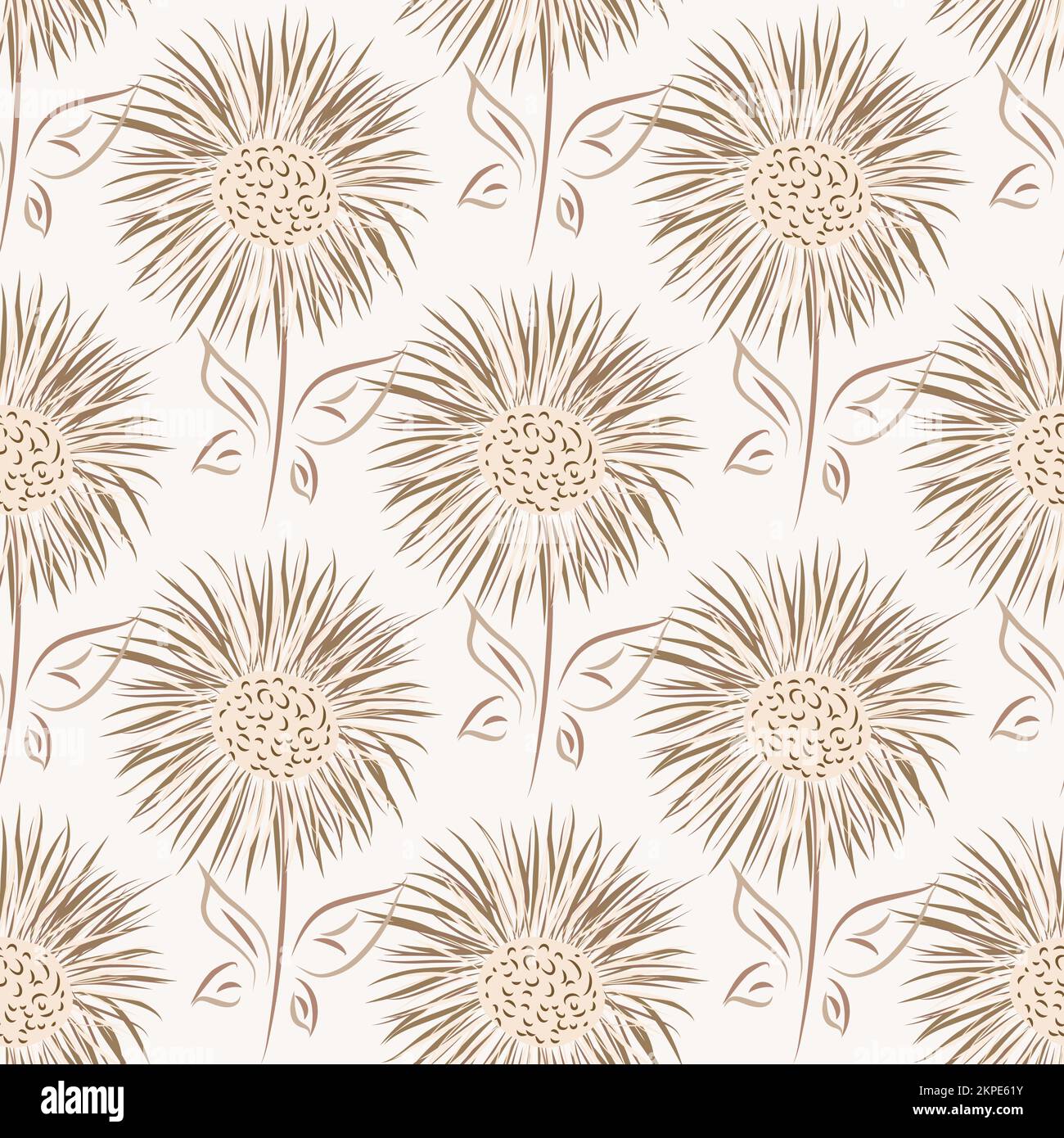 Inula flower seamless vector pattern background. Perennial cottage garden flowers neutral pastel backdrop. Giant Fleabane painterly geometric design Stock Vector