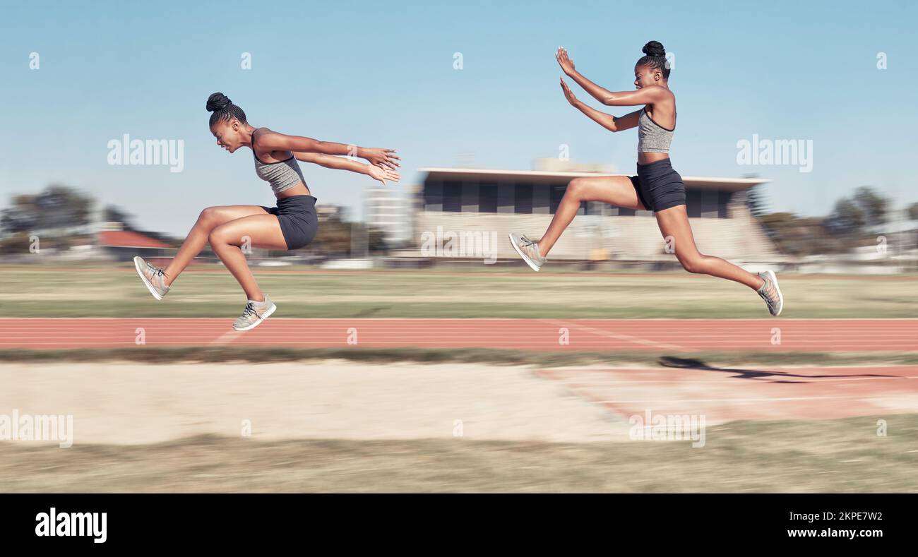 Time lapse, long jump and woman running, jumping and cross in sand pit for fitness, training and exercise. Sequence, jump and black woman leap, fit Stock Photo