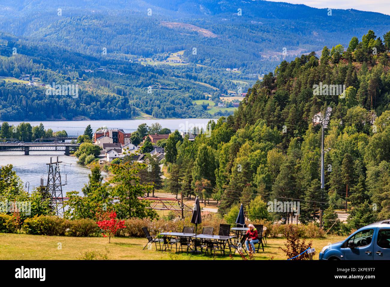 Tour in the center of Notodden in the summer. View towards Tinnaa and Nesoya. Stock Photo