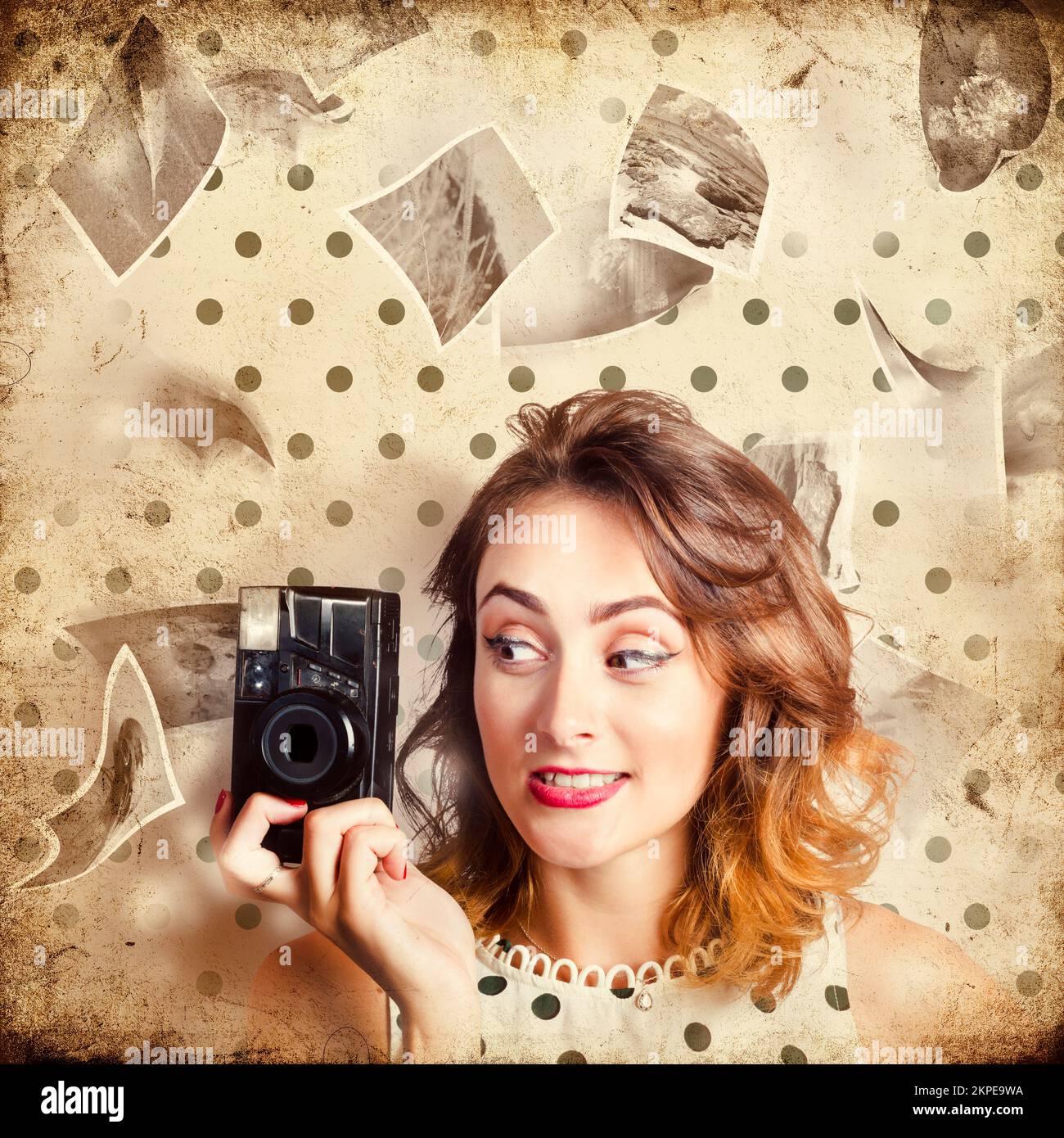 Vintage square photo with texture of a cool pin up woman musing an