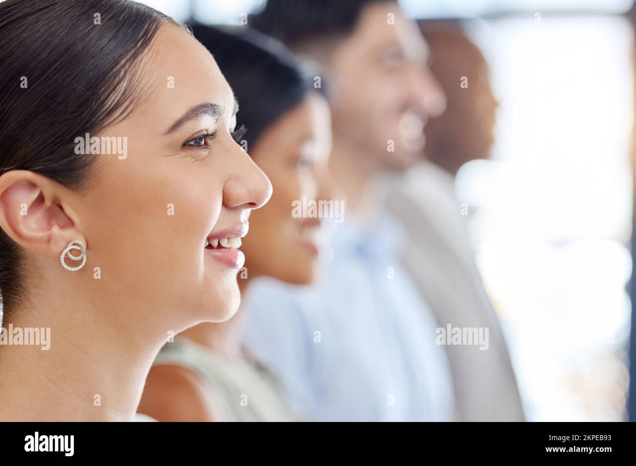 Line, team and profile of happy business woman in the office standing during corporate meeting. Happiness, diversity and side face of professional Stock Photo