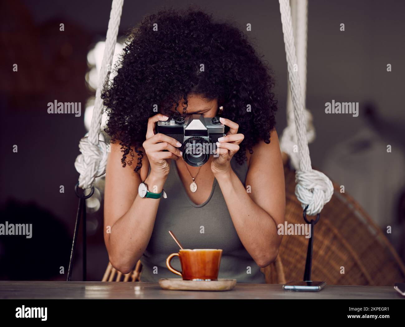 Woman influencer, camera photography and coffee shop, cappuccino and blog post, website and content marketing a product. Female, picture and food for Stock Photo