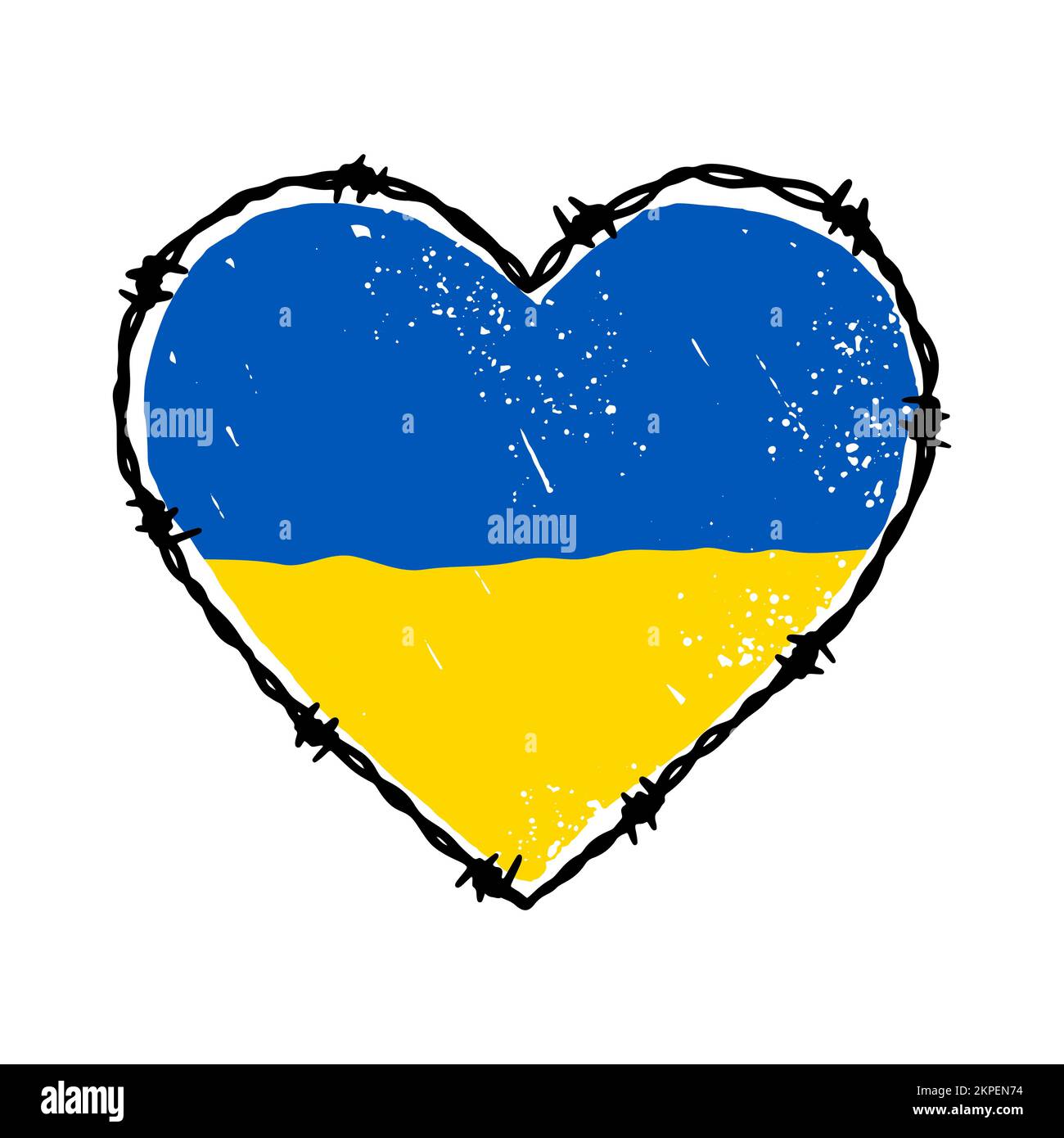 Barbed wire heart shape in Ukrainian flag blue and yellow colors. Hand drawn vector illustration in sketch style Stock Vector