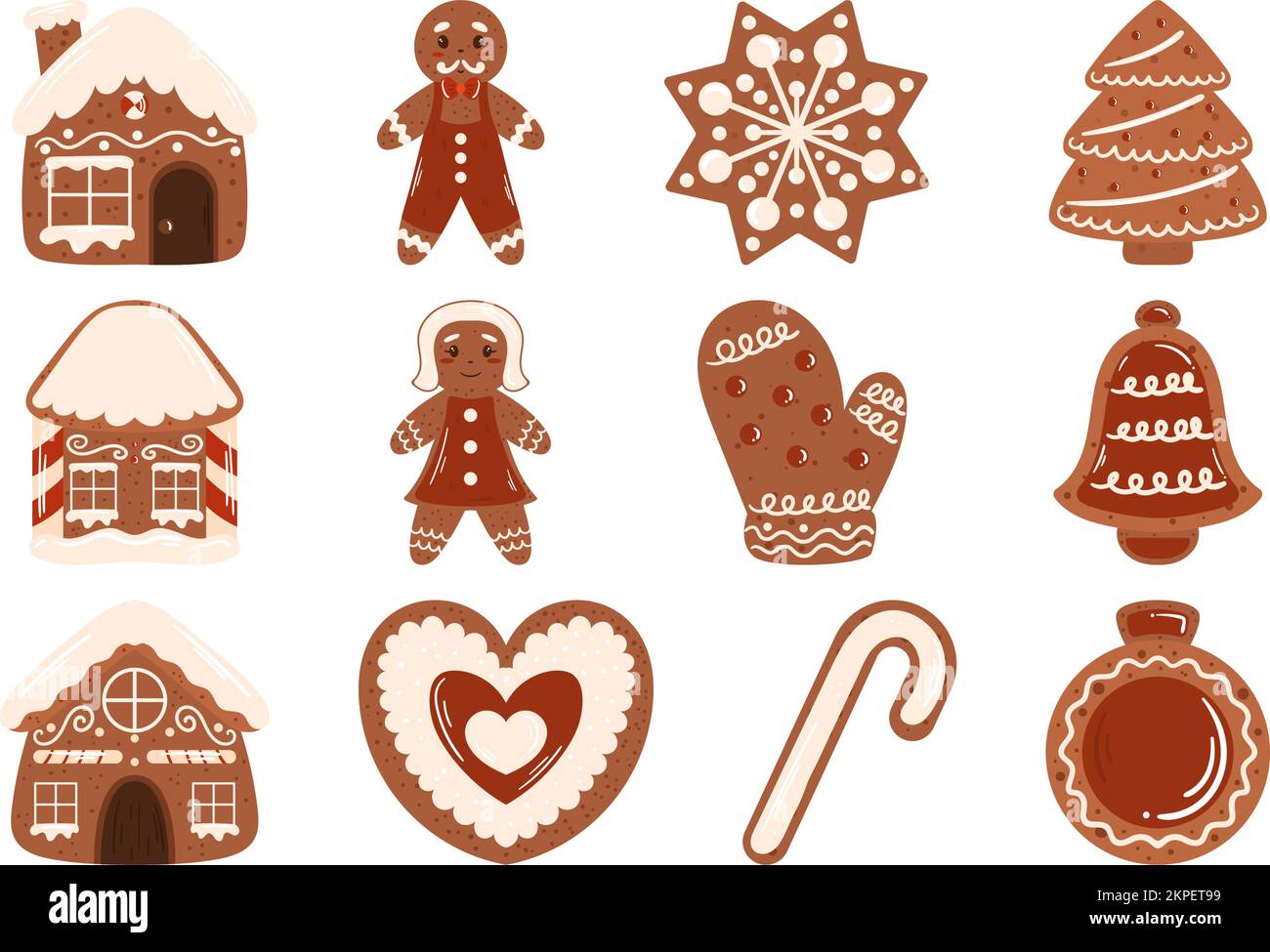 Gingerbread cookies collection. Winter traditional decorated set of sweets in shape house and star, Christmas tree and bell, gingerbread man and woman, heart, ball and mitten. Stock Vector
