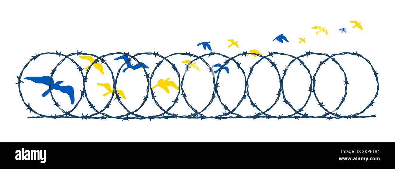 Flying birds in Ukrainian blue and yellow flag colors escaping barbed wire fence. Freedom concept. Hand drawn vector illustration. Pray for Ukraine Stock Vector