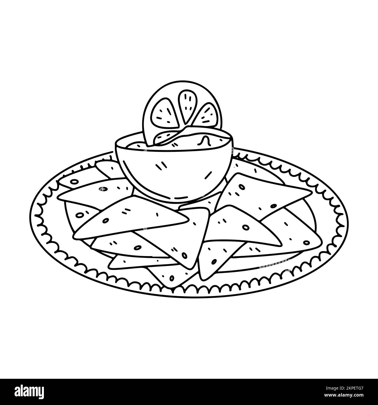 Mexican nachos with salsa dip in hand drawn doodle style. Vector ...