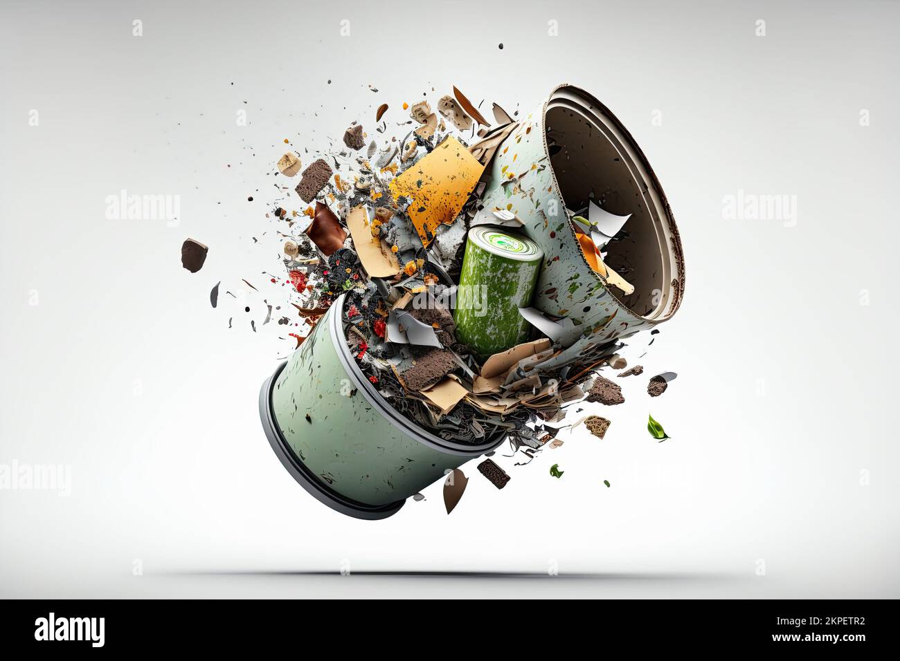 There are garbage trashcans all over the place on a white background