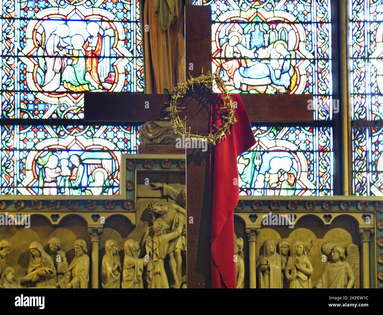 Cross with crown of thorns inside a church in paris france europe