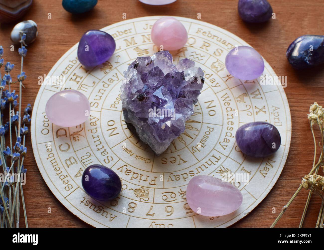 Gemstones for zodiac signs, amethysts and rose quartz on the zodiac ...
