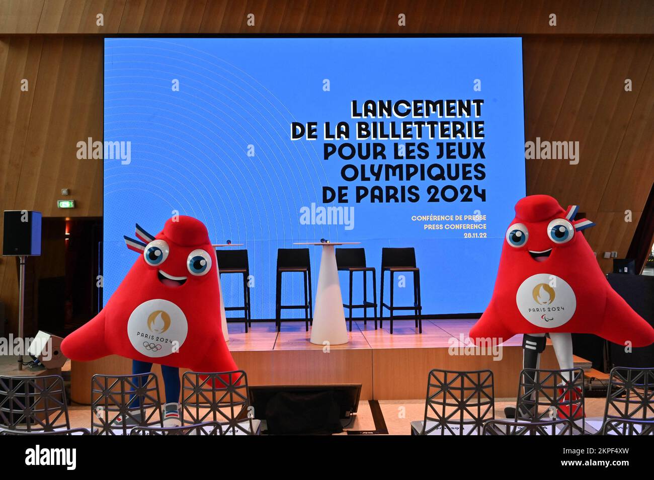 The Paris 2024 Olympic Games mascot during the press conference on the