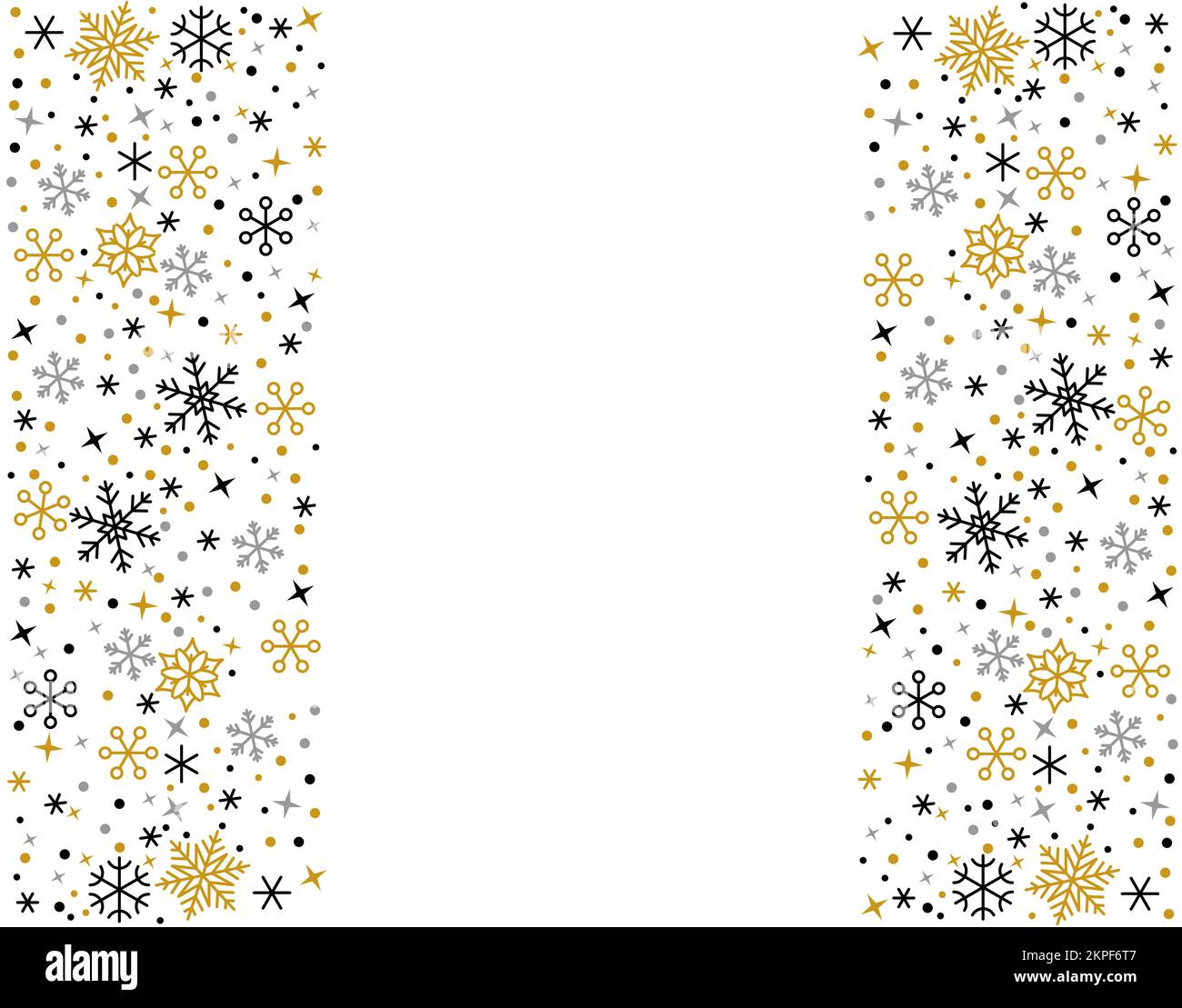 Snowflake black gold silver linear border. Merry Christmas and Happy New Year greeting card ...