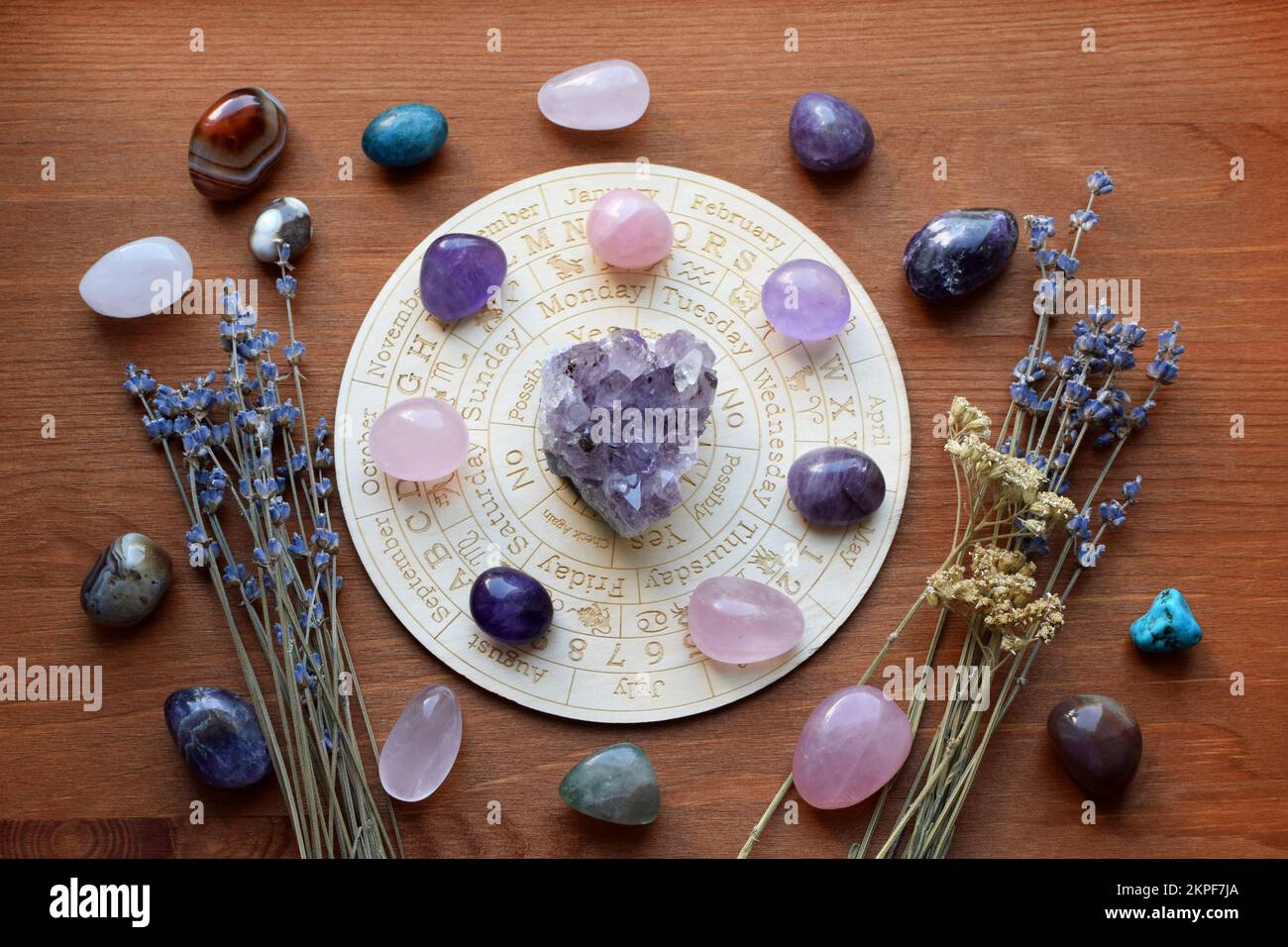 Gemstones for zodiac signs, amethysts and rose quartz on the zodiac