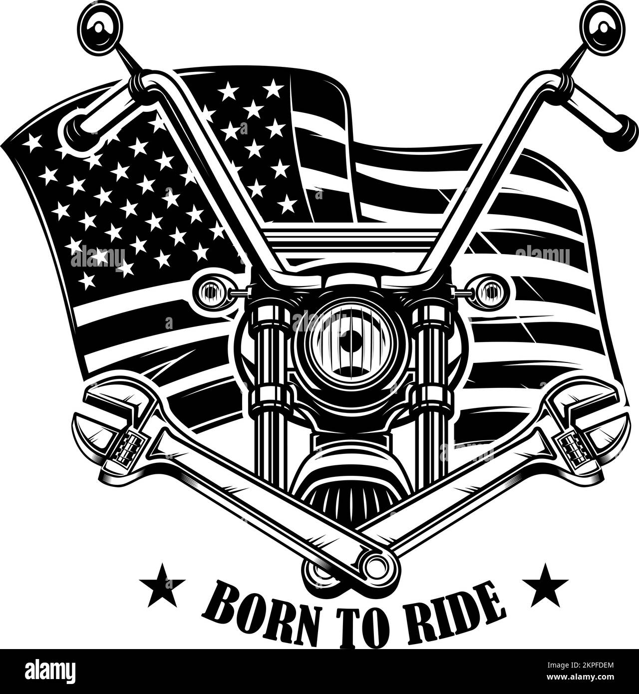 Illustration of motorcycle with crossed wrenches on american flag