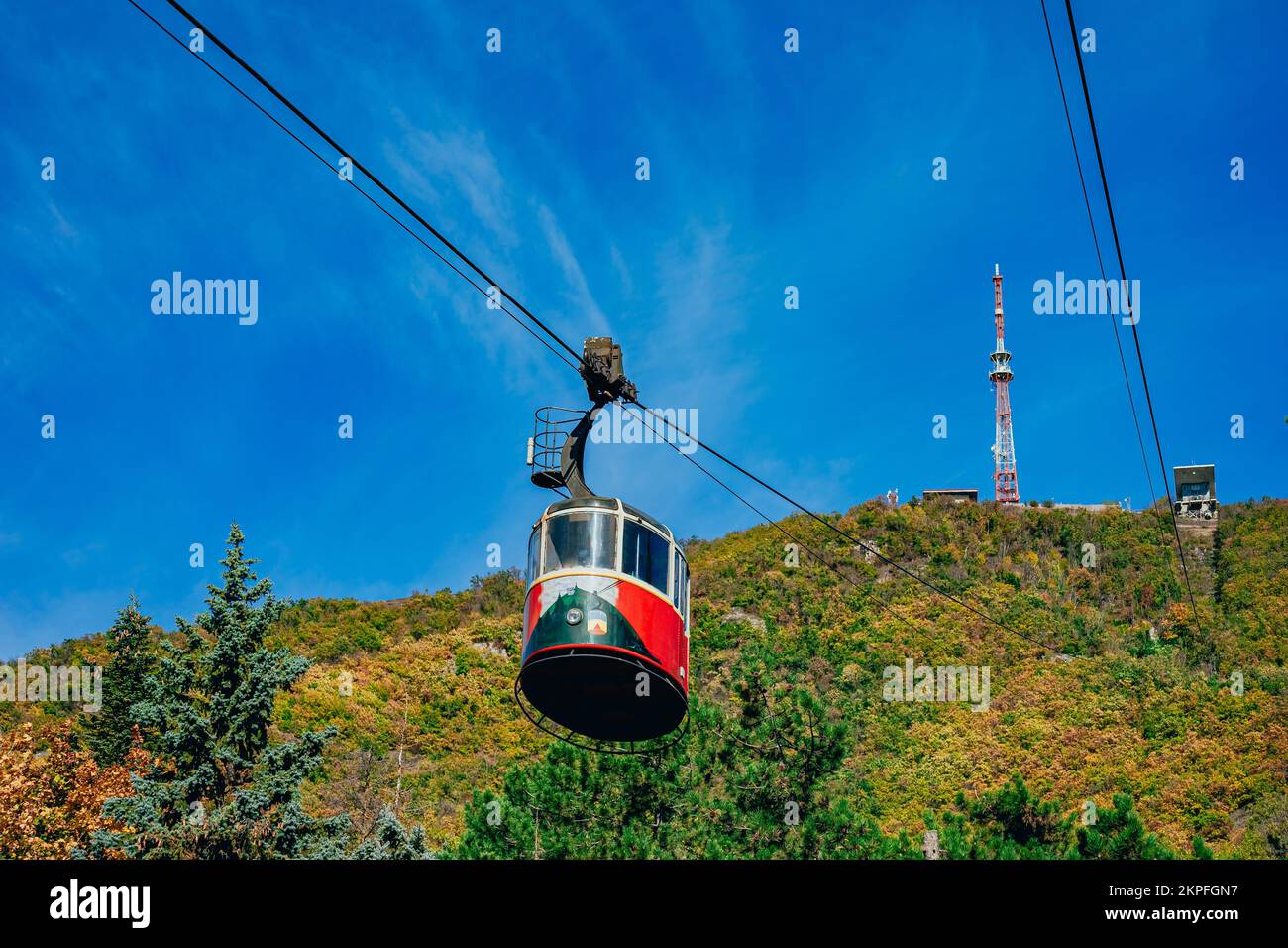 Vintage cable car. Cableway to the top of Mount Beshtau, Caucasian Mineral Waters. One of the sights of Pyatigorsk, Russia. Caucasian Mineralnye Vody region. Trip to viewpoints in the mountains. Stock Photo